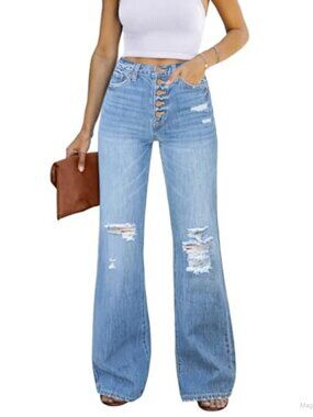 Stretchy Denim Flare Jeans High Waist Ripped Women